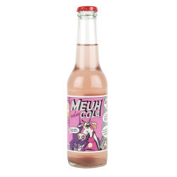 Bouteille de Meuh Cola Roseline 25cl, soda rose bio au marc de raisin et extraits végétaux.