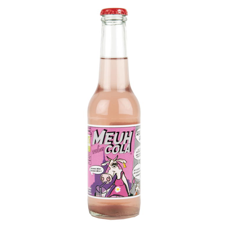 Bouteille de Meuh Cola Roseline 25cl, soda rose bio au marc de raisin et extraits végétaux.