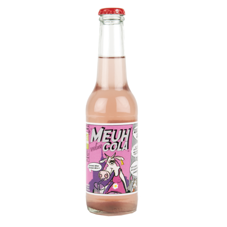 Bouteille de Meuh Cola Roseline 25cl, soda rose bio au marc de raisin et extraits végétaux.
