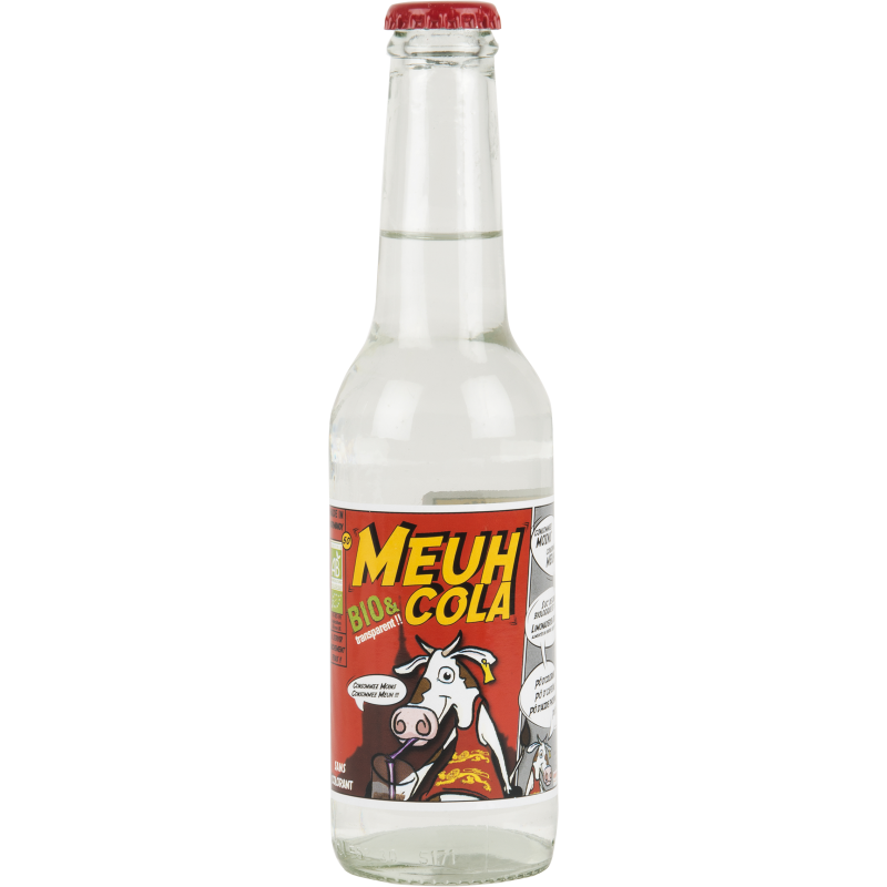 Bouteille de Meuh Cola Bio et Transparent 25cl, soda artisanal normand sans colorant caramel.