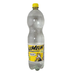 Bouteille plastique 1,5 L de LiMeuhnade Citron, grand format de limonade artisanale normande avec son bouchon à vis.